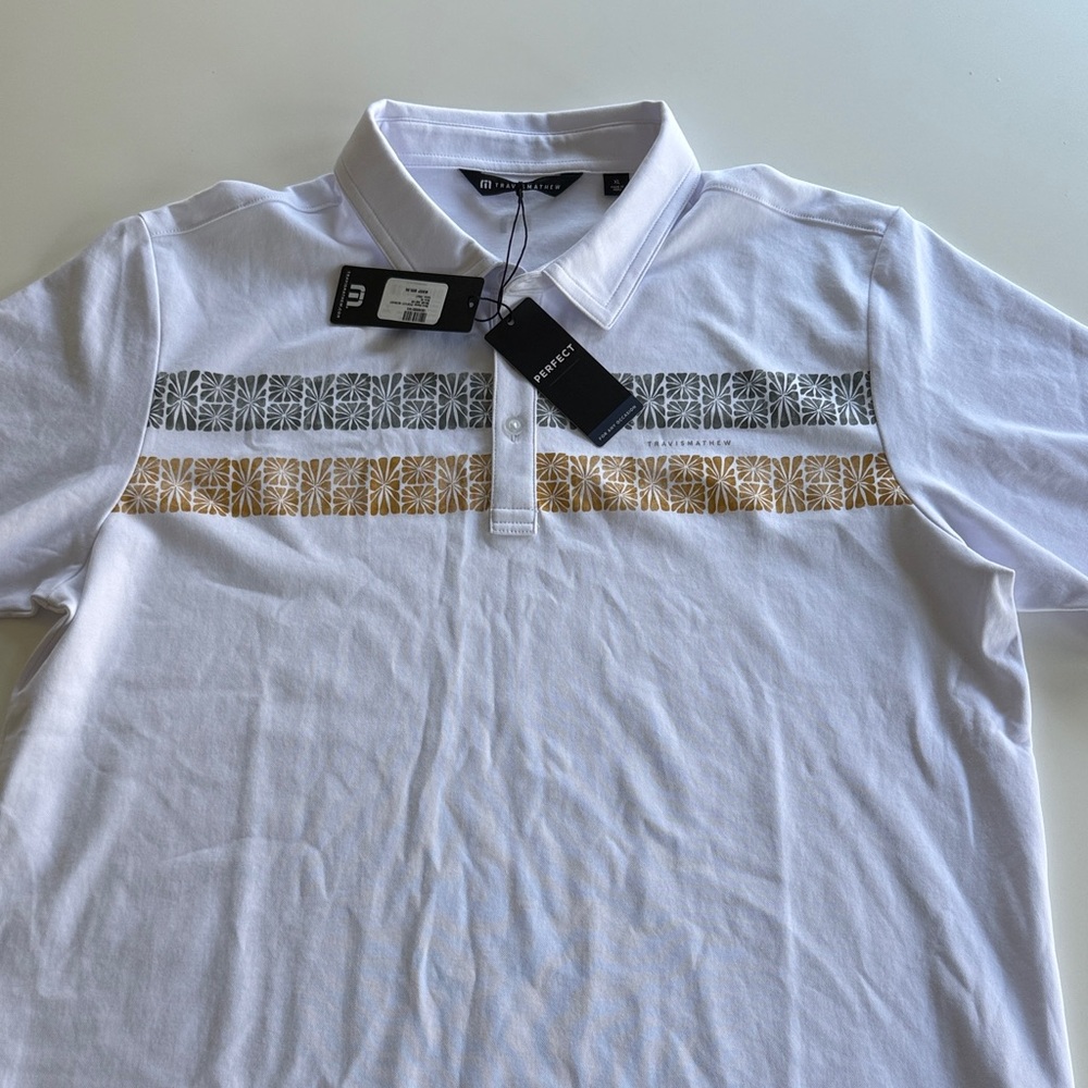 Travis Mathew White Polo with Gold and Gray Pattern